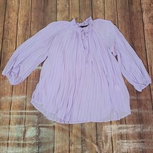New York & Company Womens Blouse Lavender L Pleated Sheer Long Sleeve Coquette